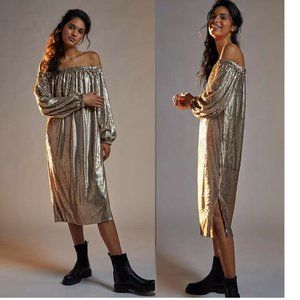 Anthropologie Metallic Gold Off-Shoulder Midi Dress